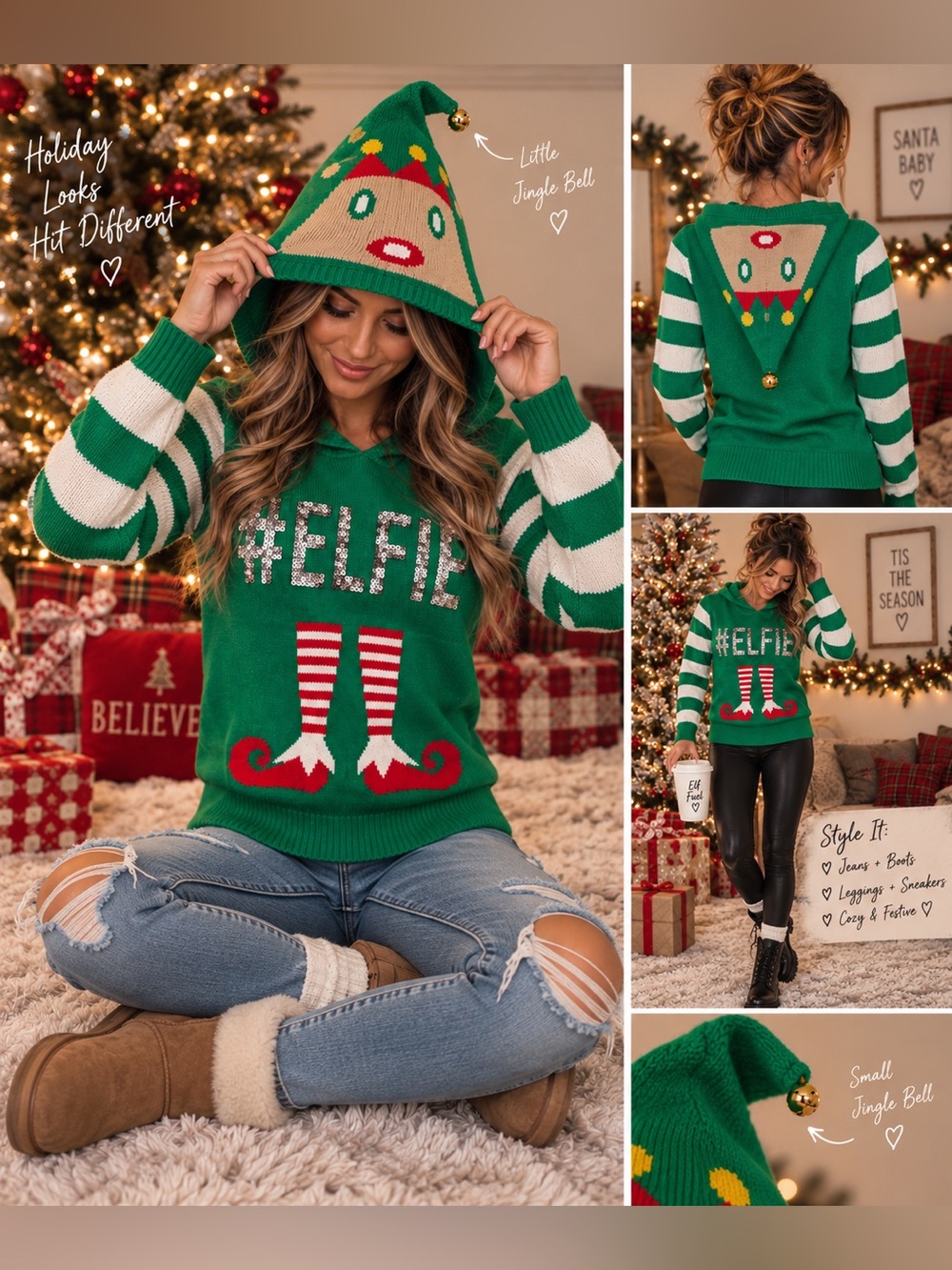No Boundaries Small #ELFIE Elf Hooded Ugly Christmas Sweater Sequin